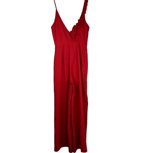 KEEPSAKE Forget You Jumpsuit Cherry Red V-Neck Sleeveless Wide Leg Asymmetrical - Picture 4 of 7